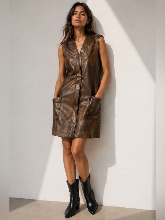 Dresses & Skirts - Vintage Brown Faux Leather Sleeveless Dress – Approx. Size M (17” PTP)
